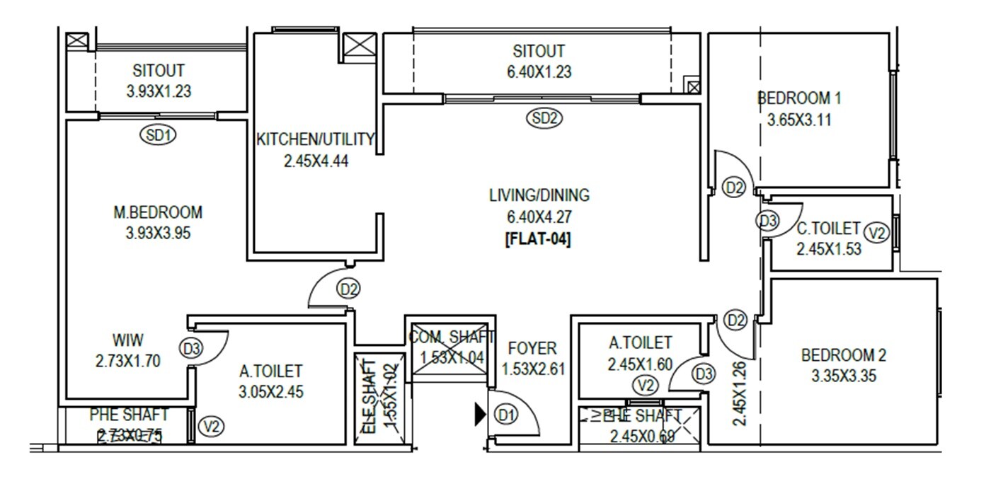 Floor plan of 3 BHK 1500 Sq. Ft. Apartment in Puravankara Purva Heritage, Bangalore