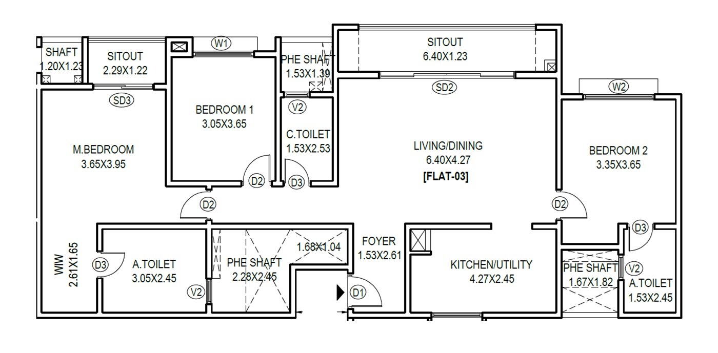 Floor plan of 3 BHK 1900 Sq. Ft. Apartment in Puravankara Purva Heritage, Bangalore