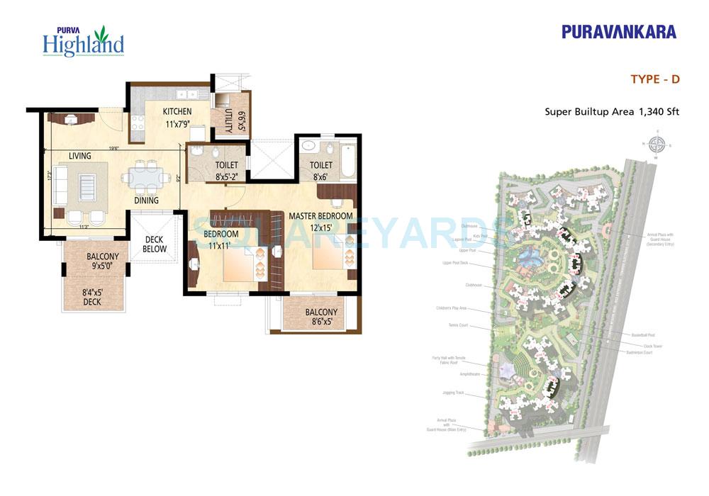 Floor plan of 2 BHK 1340 Sq. Ft. Apartment in Puravankara Purva Highland, Bangalore