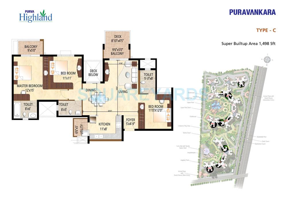Floor plan of 3 BHK 1498 Sq. Ft. Apartment in Puravankara Purva Highland, Bangalore