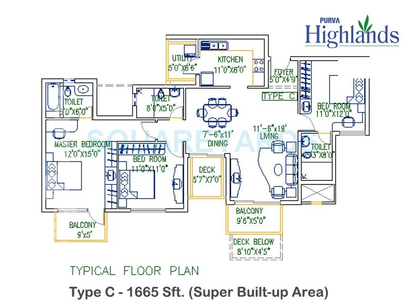 Floor plan of 3 BHK 1665 Sq. Ft. Apartment in Puravankara Purva Highland, Bangalore