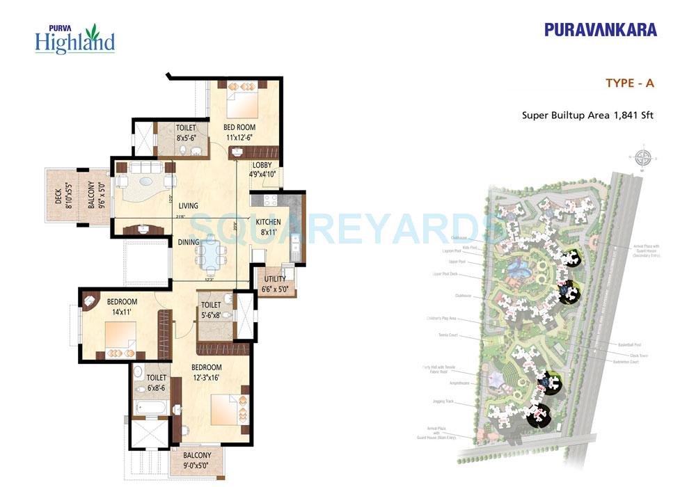 Floor plan of 3 BHK 1841 Sq. Ft. Apartment in Puravankara Purva Highland, Bangalore