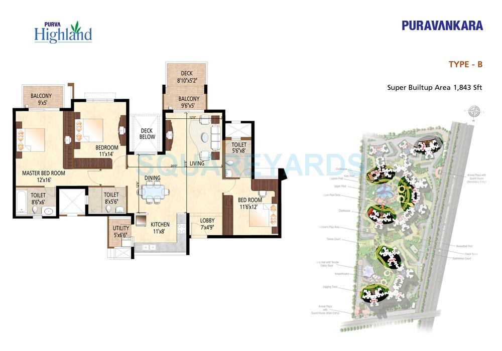 Floor plan of 3 BHK 1843 Sq. Ft. Apartment in Puravankara Purva Highland, Bangalore