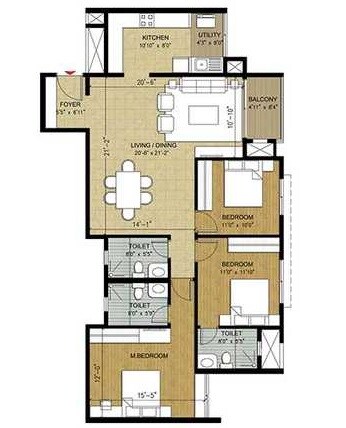 Floor plan of 3 BHK 1625 Sq. Ft. Apartment in Puravankara Purva Midtown, Bangalore