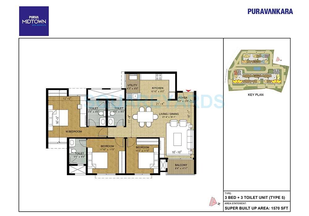 Floor plan of 3 BHK 1570 Sq. Ft. Apartment in Puravankara Purva Midtown, Bangalore
