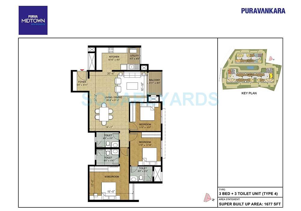 Floor plan of 3 BHK 1677 Sq. Ft. Apartment in Puravankara Purva Midtown, Bangalore