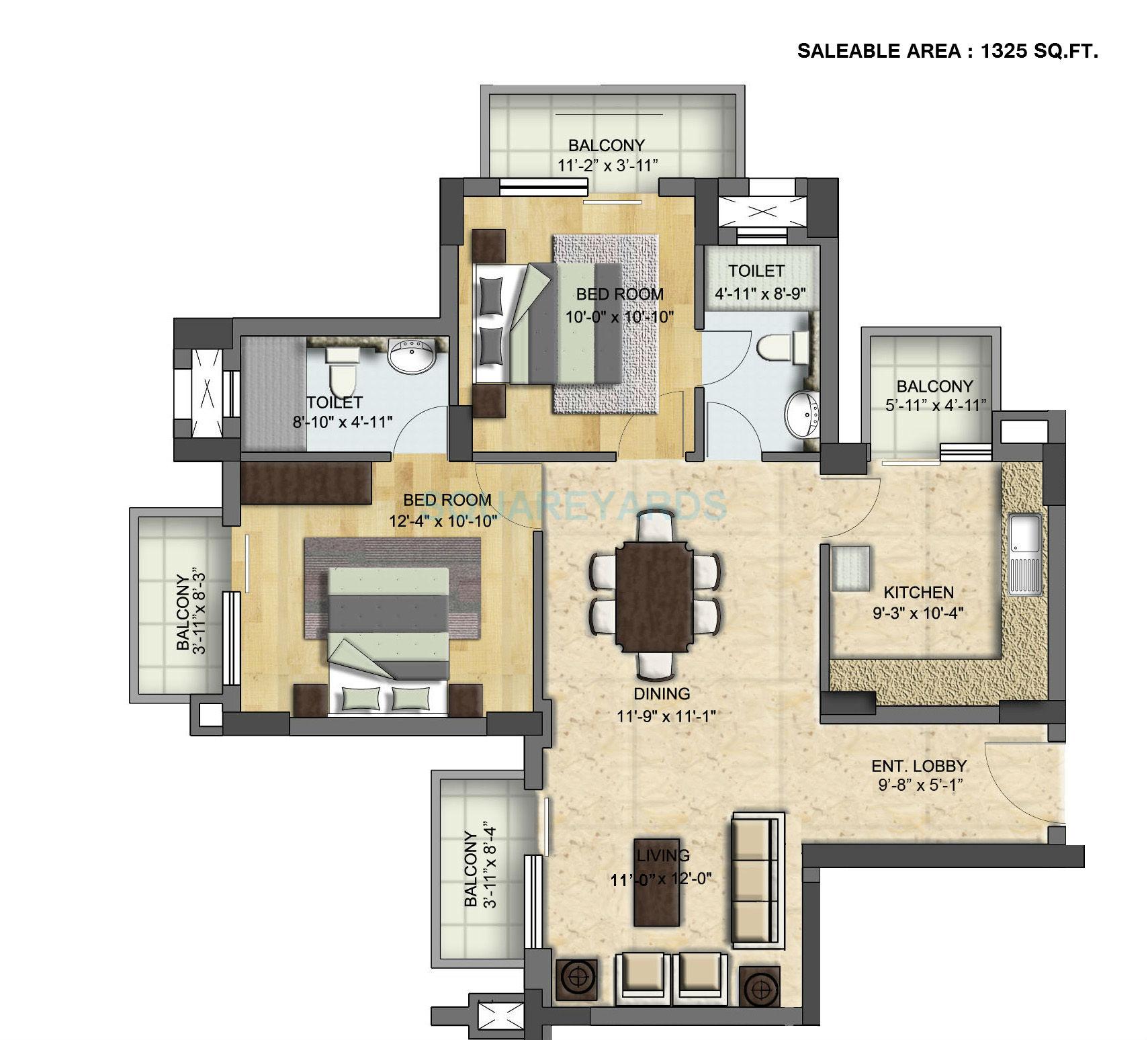 Floor plan of 2 BHK 1325 Sq. Ft. Apartment in Puravankara Purva Panorama, Bangalore