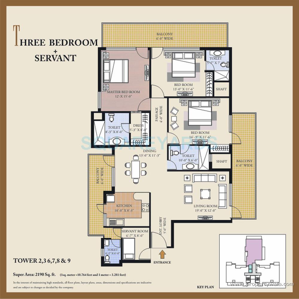 Floor plan of 3 BHK 2190 Sq. Ft. Apartment in Puravankara Purva Panorama, Bangalore
