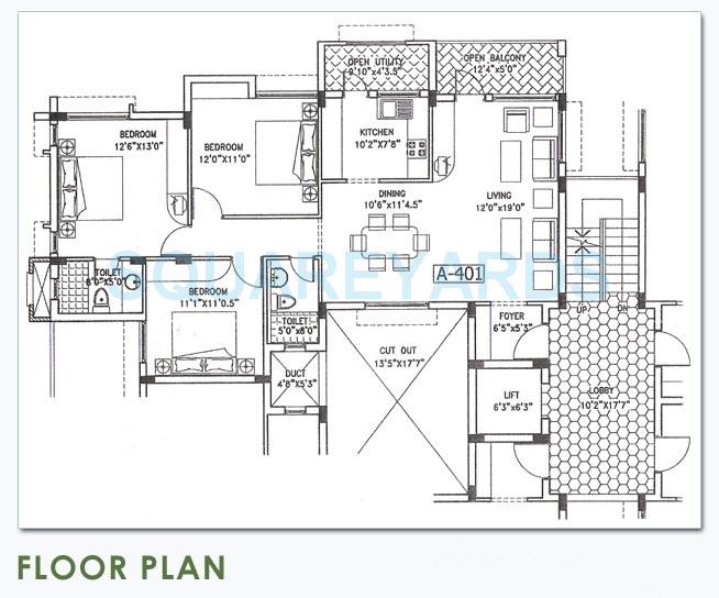 Floor plan of 3 BHK 1550 Sq. Ft. Apartment in Puravankara Purva Pavilion, Bangalore