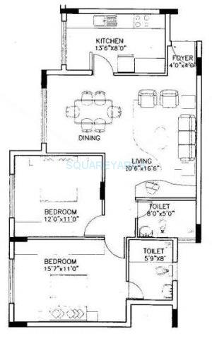 Floor plan of 2 BHK 1117 Sq. Ft. Apartment in Puravankara Purva Riviera, Bangalore