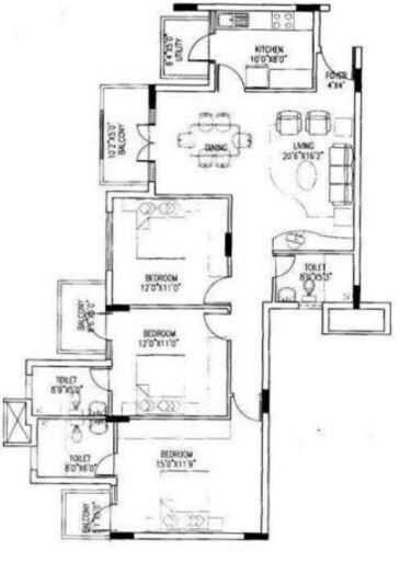 Floor plan of 3 BHK 1898 Sq. Ft. Apartment in Puravankara Purva Riviera, Bangalore