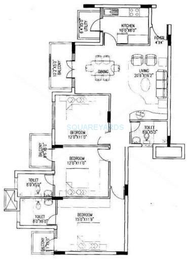 Floor plan of 3 BHK 1583 Sq. Ft. Apartment in Puravankara Purva Riviera, Bangalore