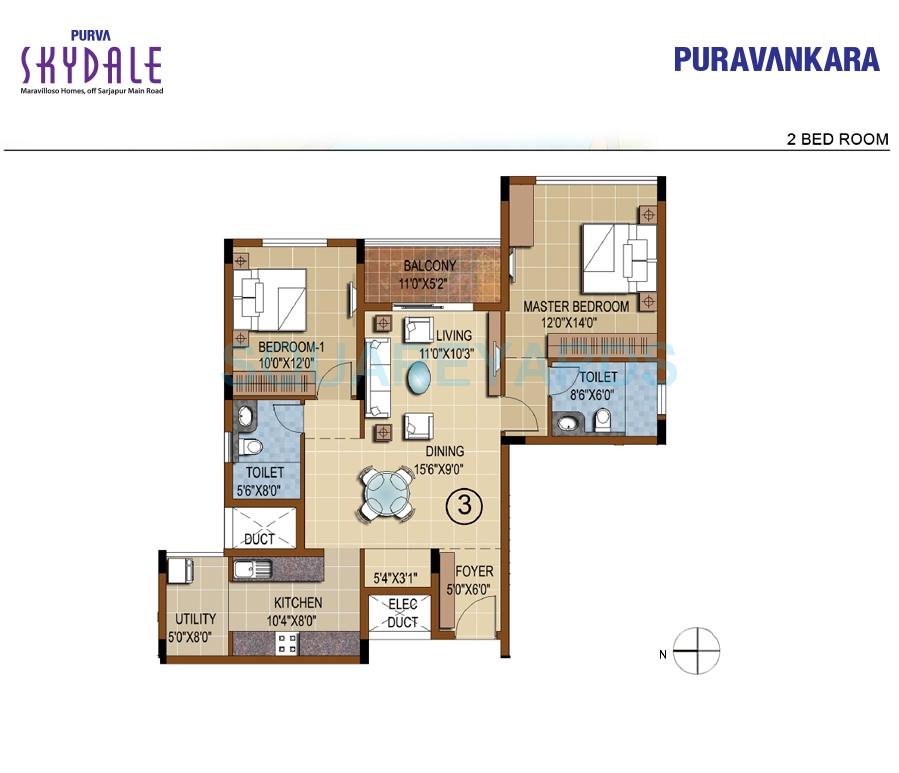 Floor plan of 2 BHK 1277 Sq. Ft. Apartment in Puravankara Purva Skydale, Bangalore