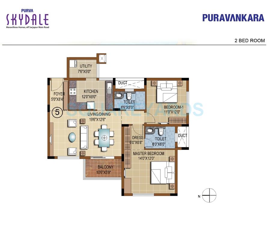Floor plan of 2 BHK 1371 Sq. Ft. Apartment in Puravankara Purva Skydale, Bangalore