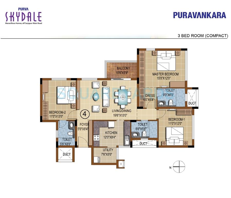 Floor plan of 3 BHK 1685 Sq. Ft. Apartment in Puravankara Purva Skydale, Bangalore