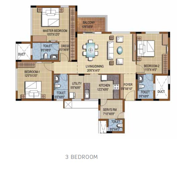 Floor plan of 3 BHK 1924 Sq. Ft. Apartment in Puravankara Purva Skydale, Bangalore