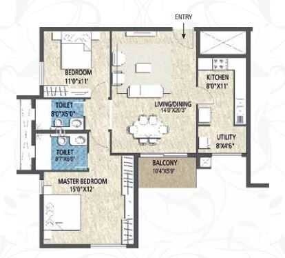 Floor plan of 2 BHK 1503 Sq. Ft. Apartment in Puravankara Purva Skywood, Bangalore