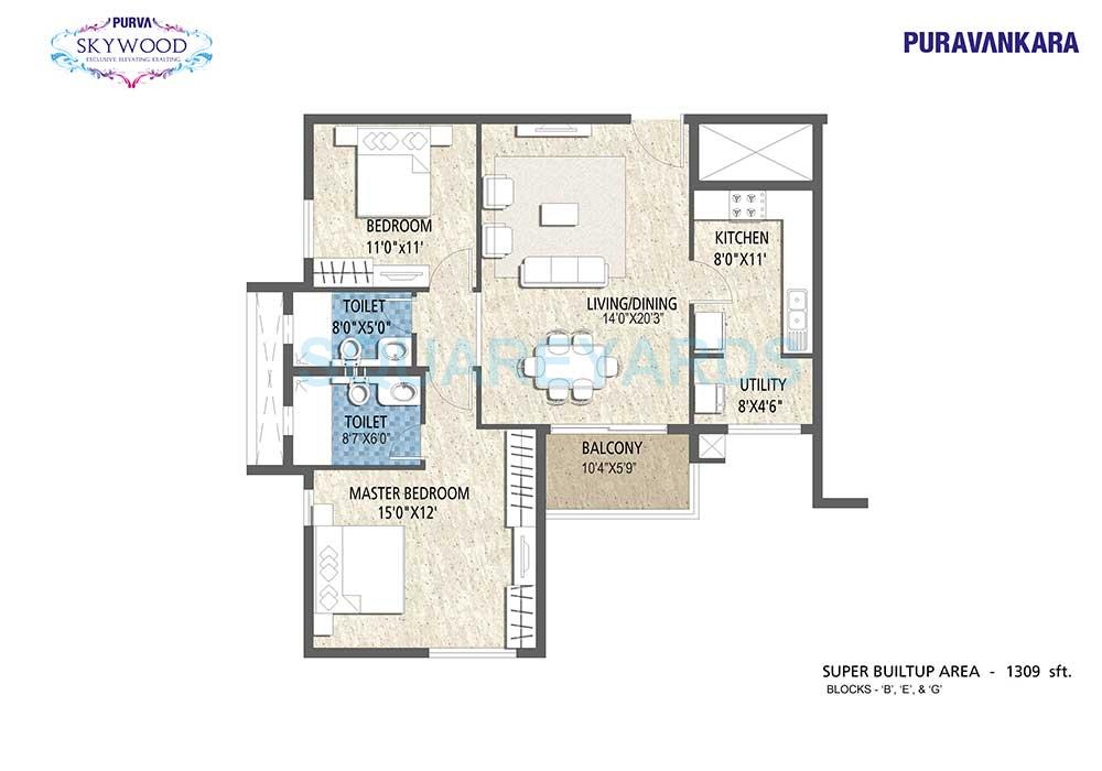 Floor plan of 2 BHK 1263 Sq. Ft. Apartment in Puravankara Purva Skywood, Bangalore