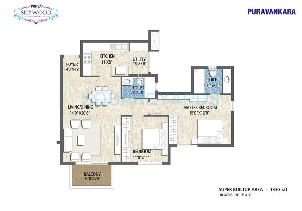 Floor plan of 2 BHK 1330 Sq. Ft. Apartment in Puravankara Purva Skywood, Bangalore