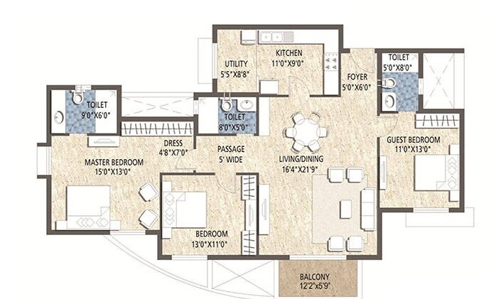 Floor plan of 3 BHK 1954 Sq. Ft. Apartment in Puravankara Purva Skywood, Bangalore