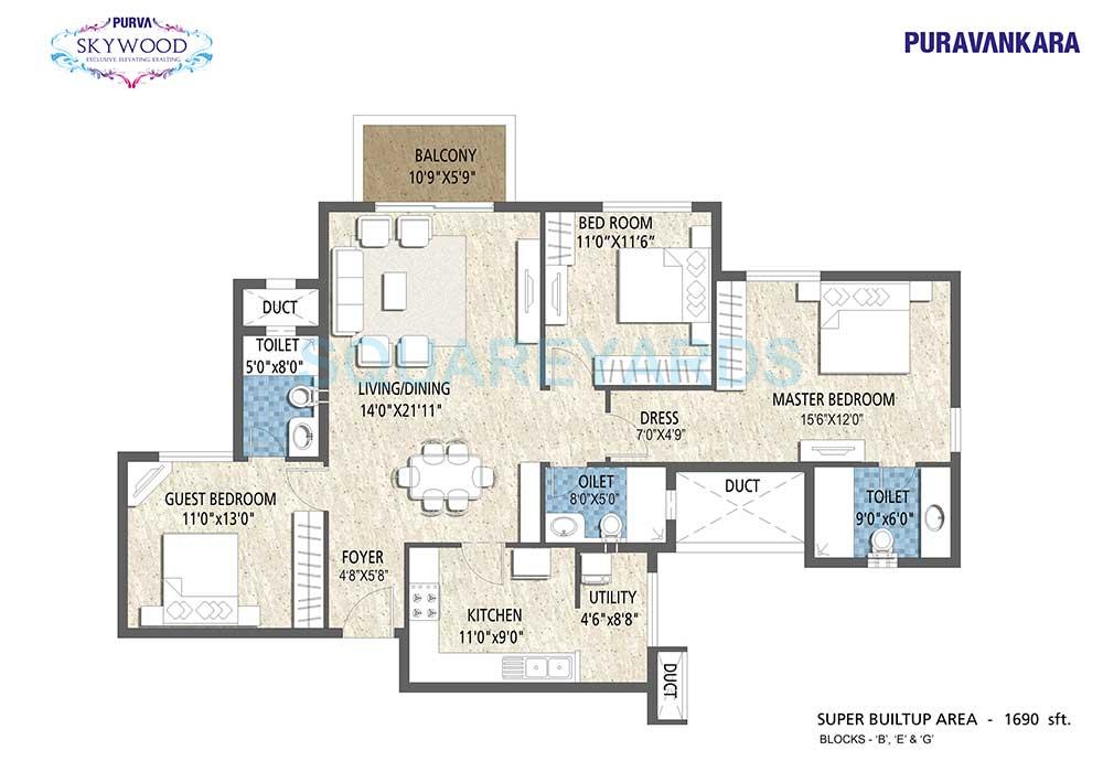 Floor plan of 3 BHK 1690 Sq. Ft. Apartment in Puravankara Purva Skywood, Bangalore