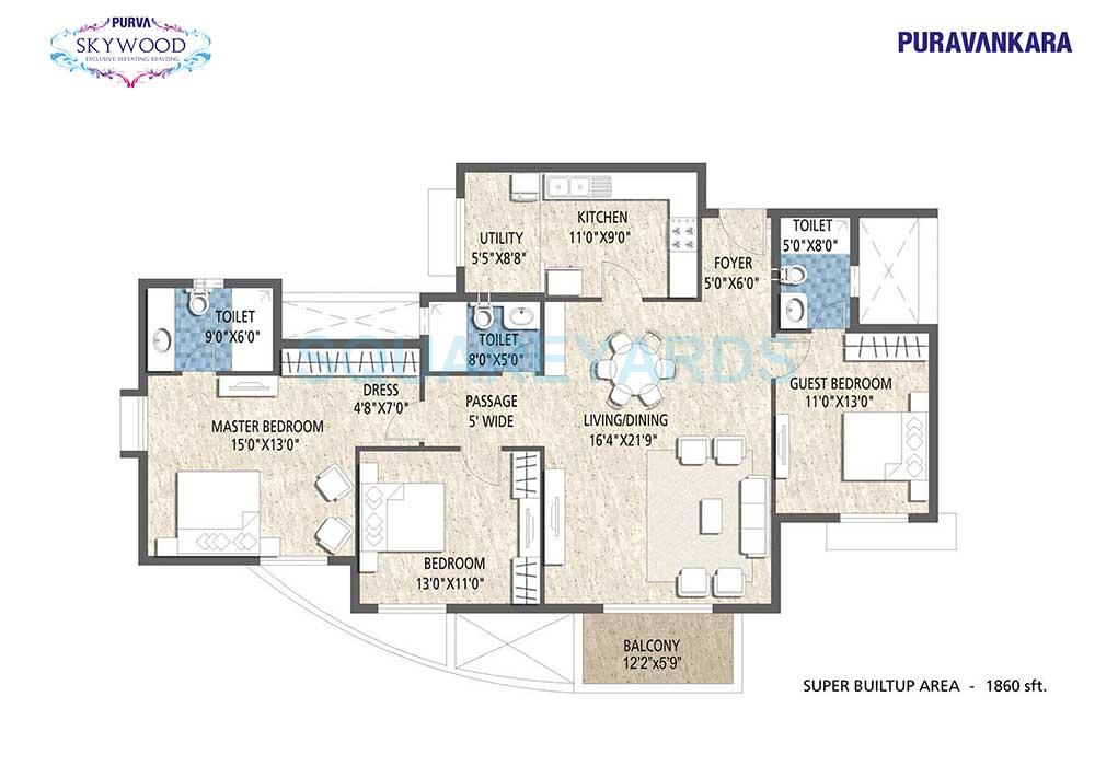 Floor plan of 3 BHK 1860 Sq. Ft. Apartment in Puravankara Purva Skywood, Bangalore