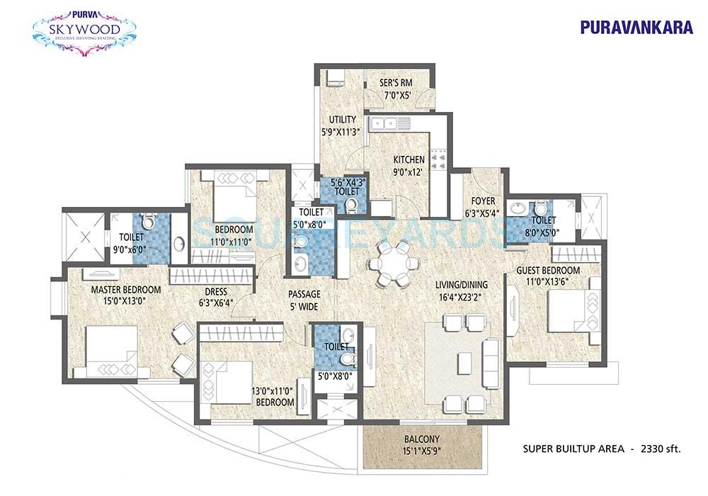 Floor plan of 4 BHK 2222 Sq. Ft. Apartment in Puravankara Purva Skywood, Bangalore