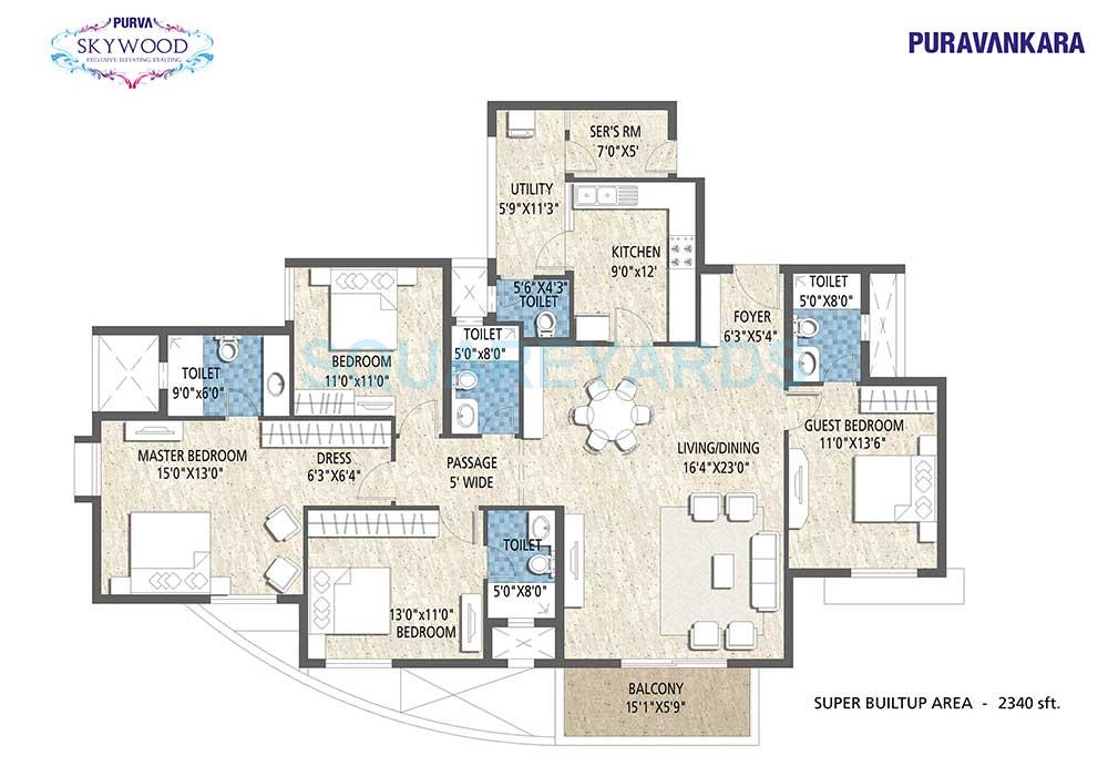Floor plan of 4 BHK 2340 Sq. Ft. Apartment in Puravankara Purva Skywood, Bangalore