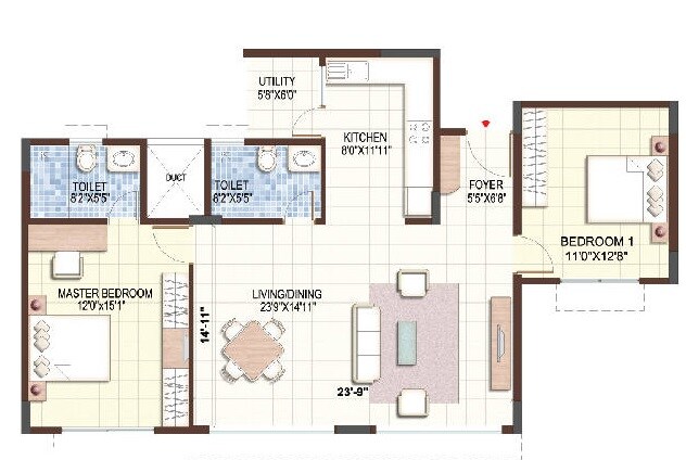 Floor plan of 2 BHK 1216 Sq. Ft. Apartment in Puravankara Purva Sunflower, Bangalore