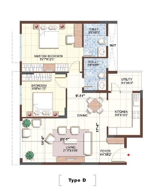 Floor plan of 2 BHK 1222 Sq. Ft. Apartment in Puravankara Purva Sunflower, Bangalore