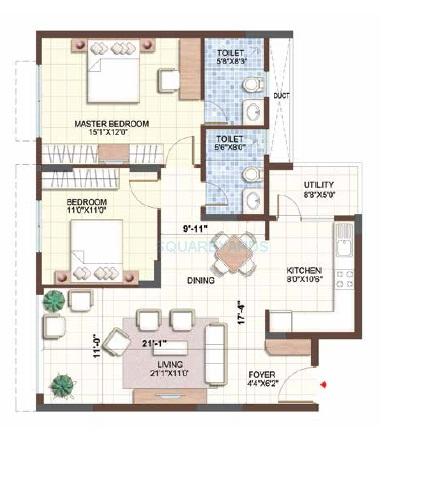 Floor plan of 2 BHK 1343 Sq. Ft. Apartment in Puravankara Purva Sunflower, Bangalore