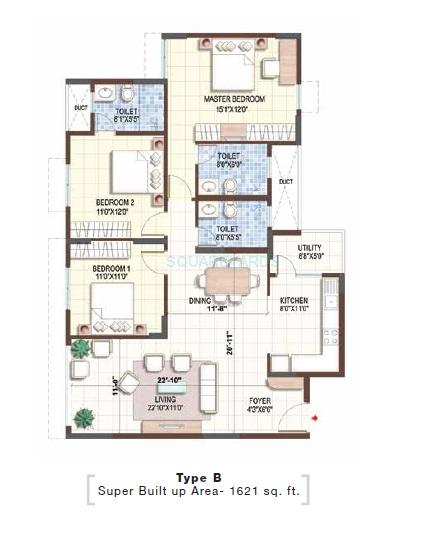 Floor plan of 3 BHK 1600 Sq. Ft. Apartment in Puravankara Purva Sunflower, Bangalore