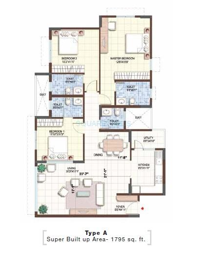 Floor plan of 3 BHK 1795 Sq. Ft. Apartment in Puravankara Purva Sunflower, Bangalore