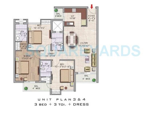 Floor plan of 3 BHK 1500 Sq. Ft. Apartment in Puravankara Purva Sunshine, Bangalore