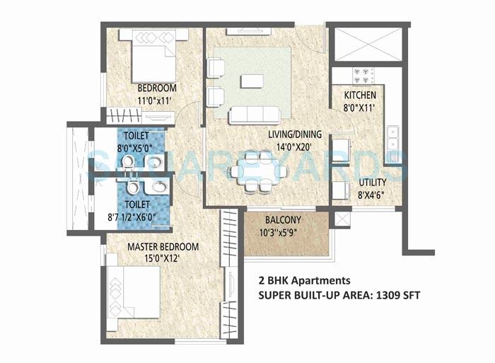 Floor plan of 2 BHK 1340 Sq. Ft. Apartment in Puravankara Purva Vantage, Bangalore