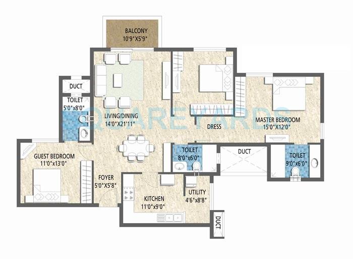 Floor plan of 3 BHK 1850 Sq. Ft. Apartment in Puravankara Purva Vantage, Bangalore