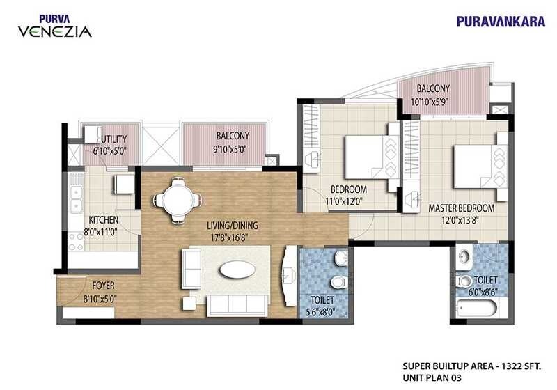 Floor plan of 2 BHK 1322 Sq. Ft. Apartment in Puravankara Purva Venezia, Bangalore