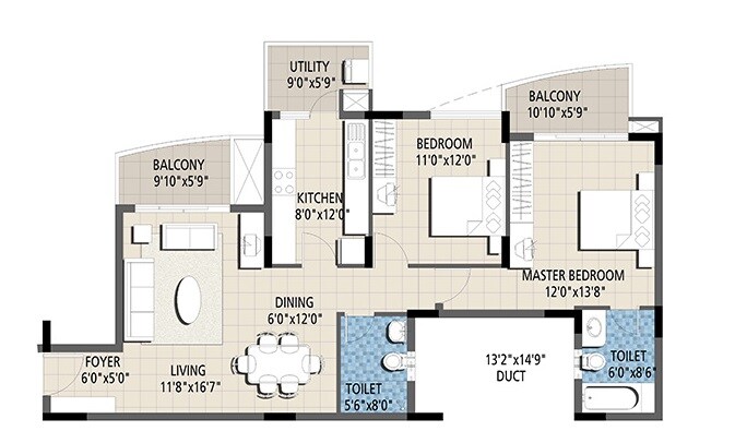 Floor plan of 2 BHK 1338 Sq. Ft. Apartment in Puravankara Purva Venezia, Bangalore