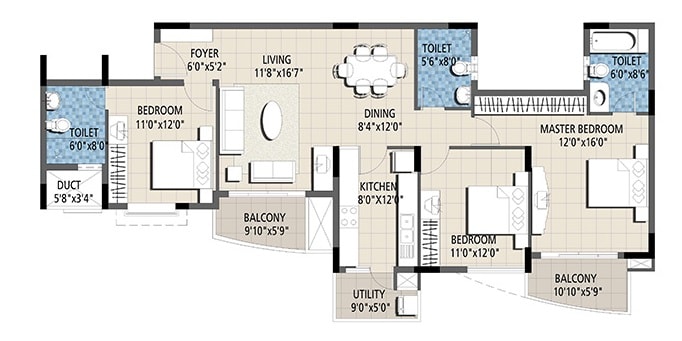 Floor plan of 3 BHK 1562 Sq. Ft. Apartment in Puravankara Purva Venezia, Bangalore