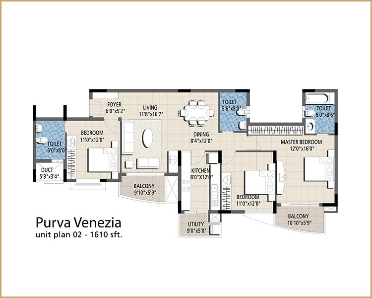 Floor plan of 3 BHK 1610 Sq. Ft. Apartment in Puravankara Purva Venezia, Bangalore
