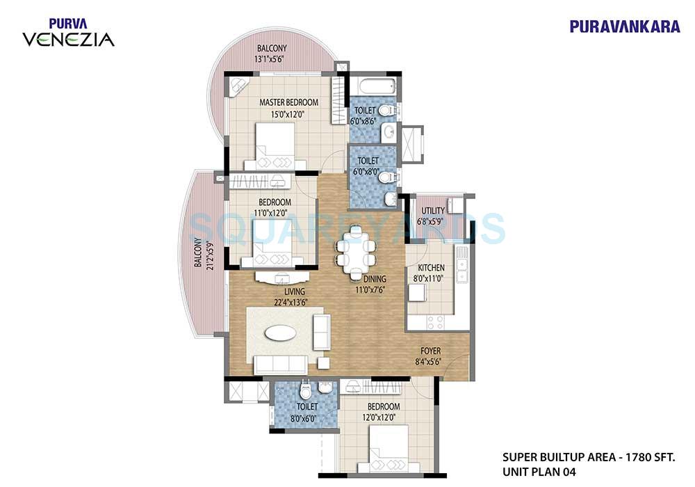 Floor plan of 3 BHK 1780 Sq. Ft. Apartment in Puravankara Purva Venezia, Bangalore