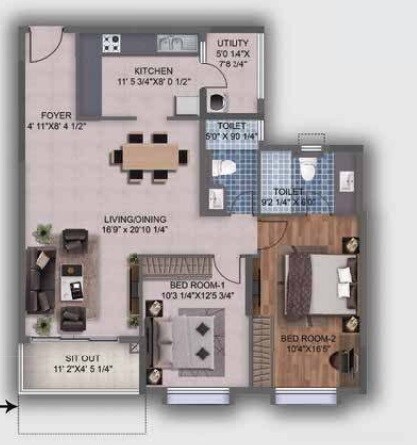 Floor plan of 2 BHK 1188 Sq. Ft. Apartment in Puravankara Purva Westend, Bangalore