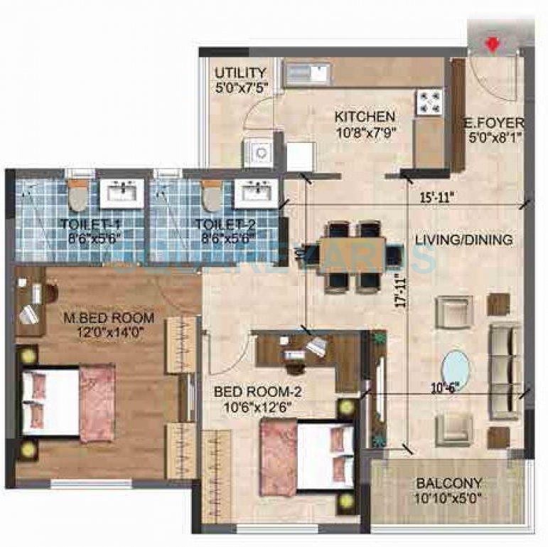 Floor plan of 2 BHK 1195 Sq. Ft. Apartment in Puravankara Purva Westend, Bangalore