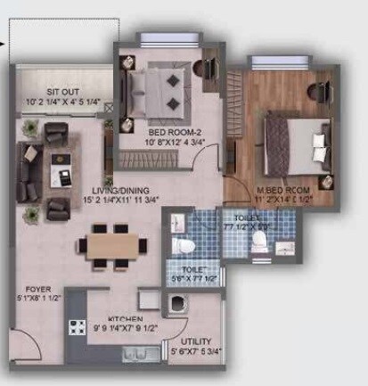 Floor plan of 2 BHK 1324 Sq. Ft. Apartment in Puravankara Purva Westend, Bangalore