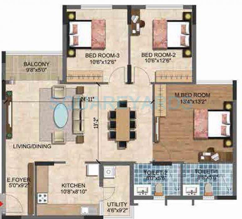 Floor plan of 3 BHK 1550 Sq. Ft. Apartment in Puravankara Purva Westend, Bangalore