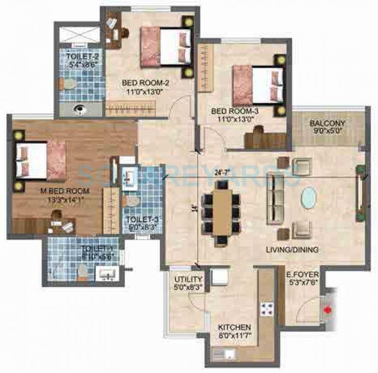 Floor plan of 3 BHK 1512 Sq. Ft. Apartment in Puravankara Purva Westend, Bangalore