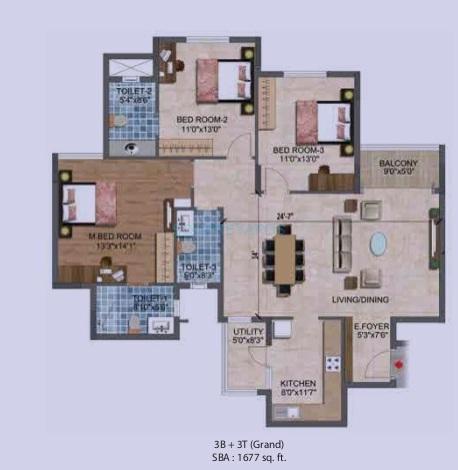 Floor plan of 3 BHK 1677 Sq. Ft. Apartment in Puravankara Purva Westend, Bangalore