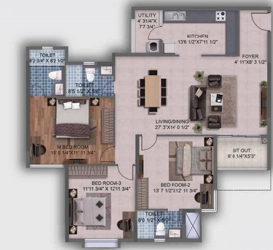 Floor plan of 3 BHK 1919 Sq. Ft. Apartment in Puravankara Purva Westend, Bangalore