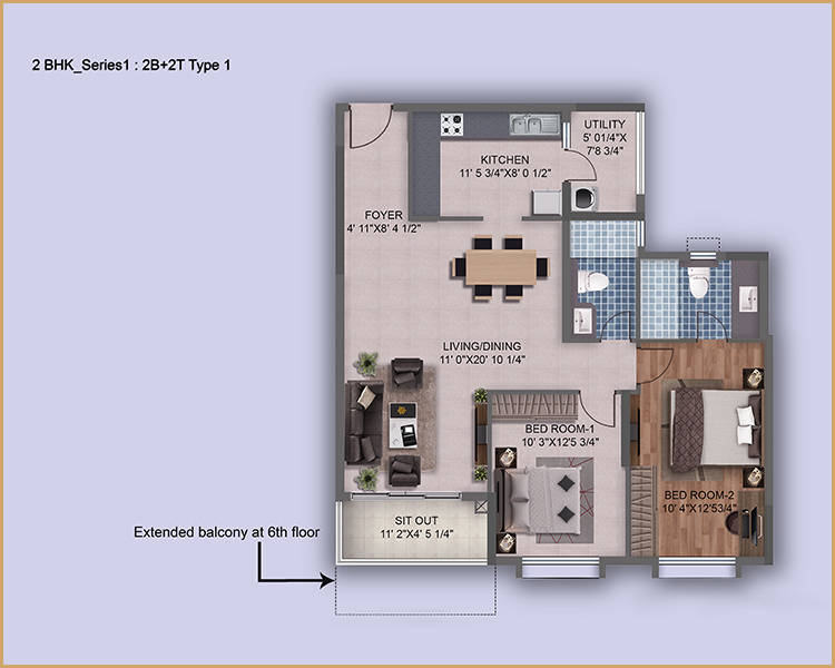 2 BHK 1188 Sq. Ft. Apartment in Puravankara Purva Westend Fresco