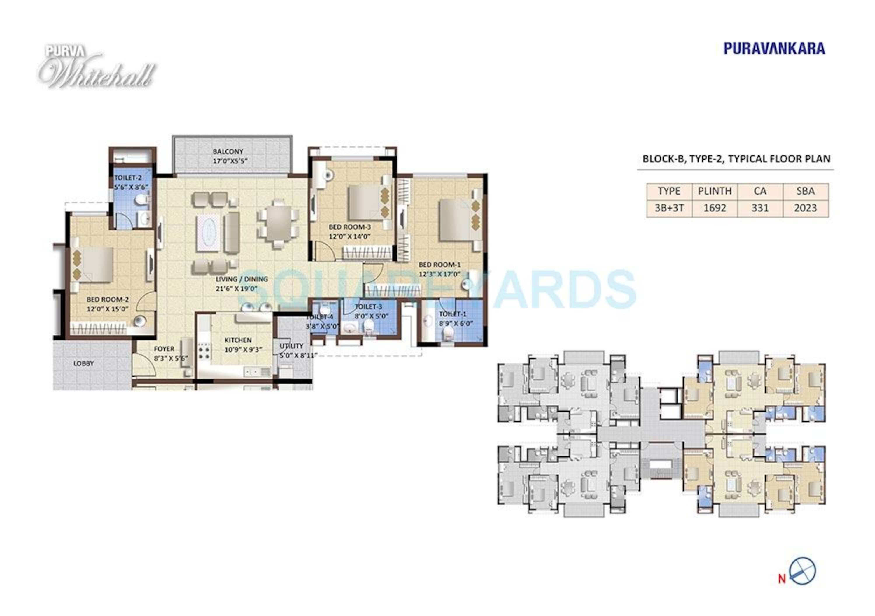 Rental 3 Bedroom 2023 Sq.Ft. Apartment in Puravankara Purva Whitehall